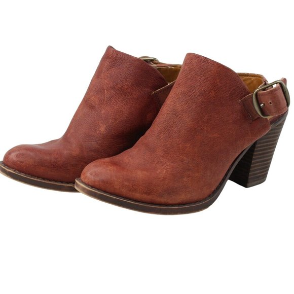 Lucky Brand Sz 6M Odenah Leather Red Rust Block Heels Bootie Peep Toe Sling Back - Picture 4 of 9